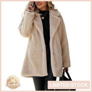 Faux Fur Long Coat Classic Lapel Button Down Chic Elegant Jacket